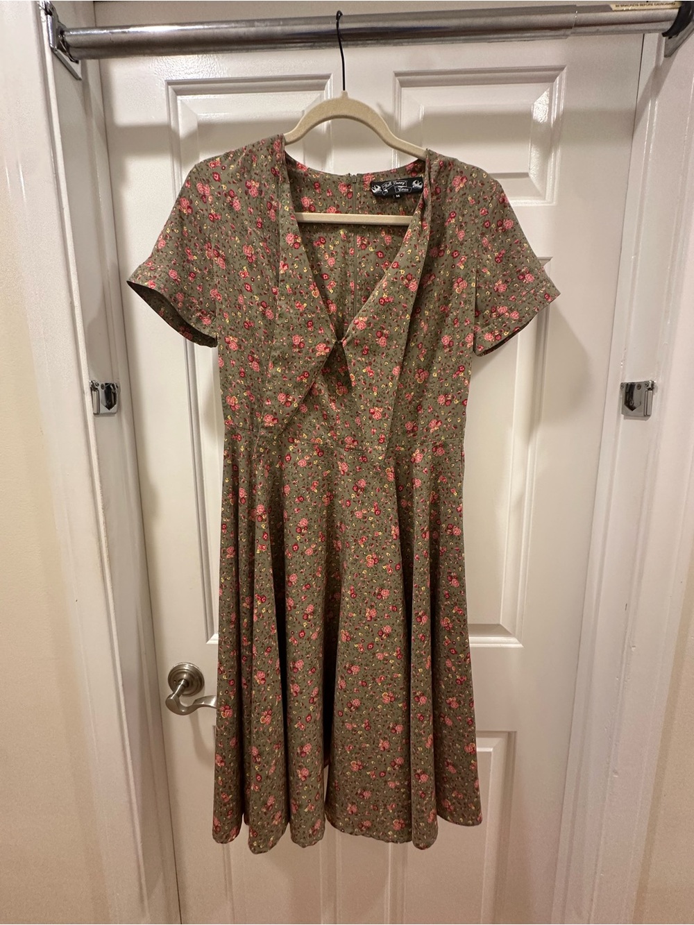 Hell Bunny Olive Green Floral Fit-and-Flare Dress with Pink Blooms